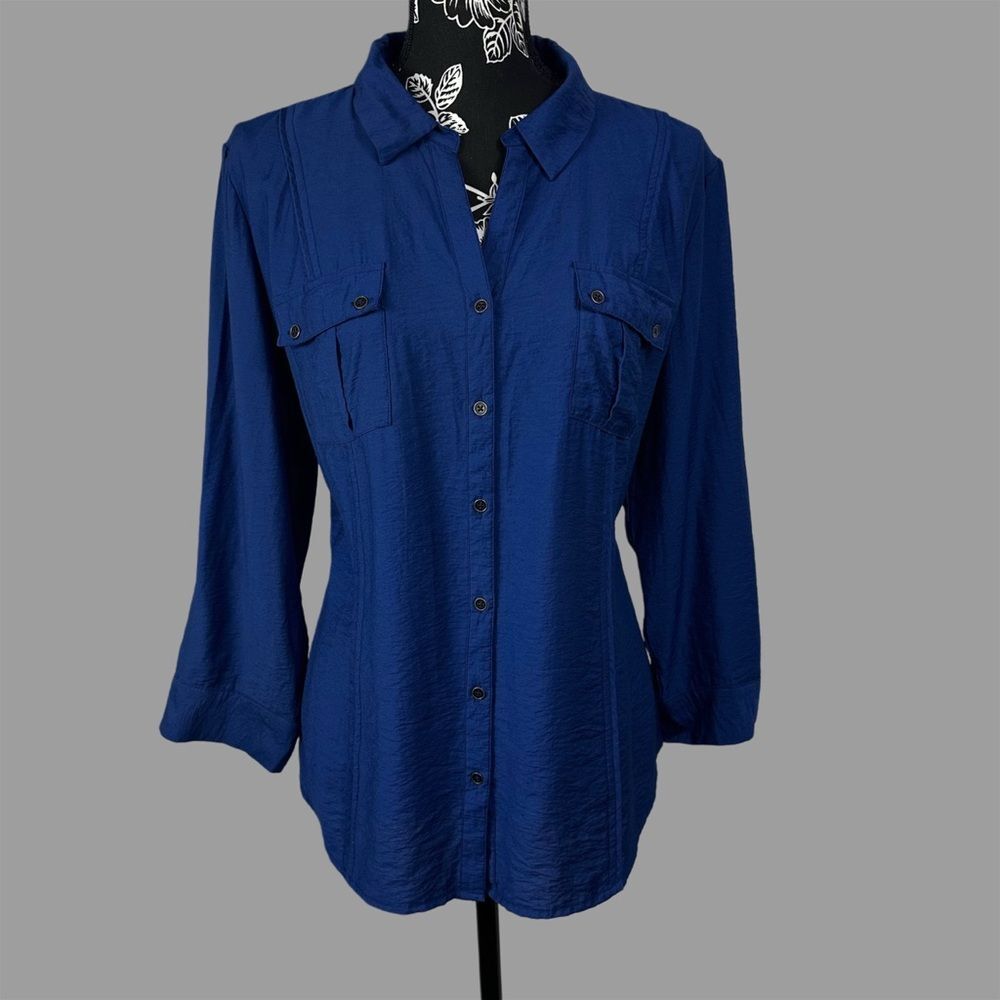 Roz & Ali Women’s Long Sleeve Button-Up Blouse - Dark Blue - Women’s XL